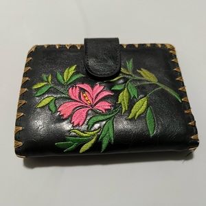 Black wallet pink flower vegan leather